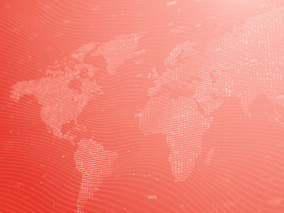 Red world map graphic illustrating global reach